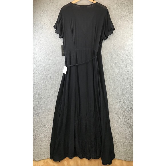 New Lulus Black Wrap Maxi Dress Flutter Sleeve Tie Waist Textured L - Picture 2 of 12